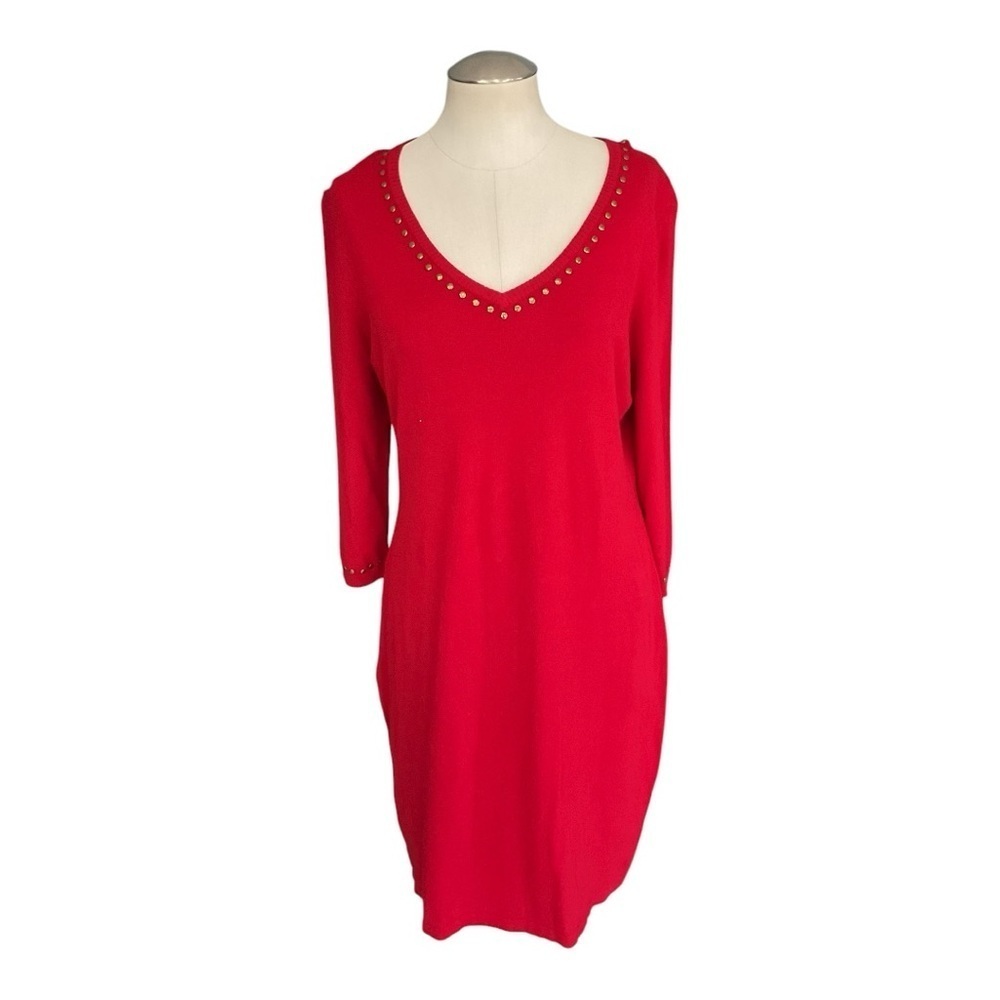 Calvin Klein Red Studded V-Neck 3/4 Sleeve Dress Size Large